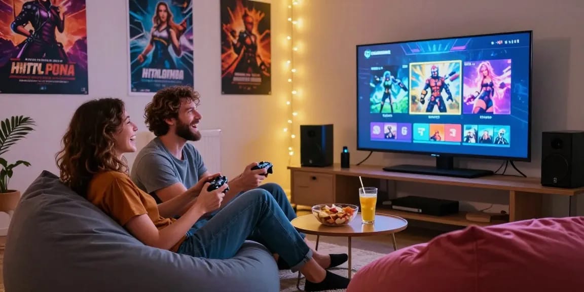 Couple laughing while playing engaging html porn games in a cozy setting.