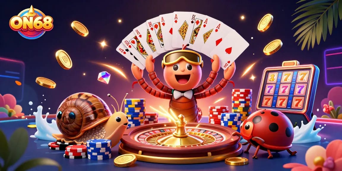 Experience thrilling gaming at ON68 with a whimsical dealer and high-rolling characters amidst vibrant casino elements.