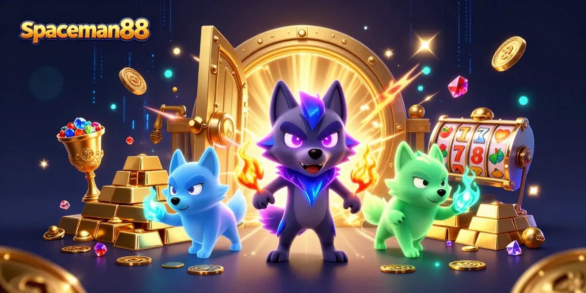 Play slots with spaceman88 in a vibrant 3D casino scene filled with spirits and treasures.