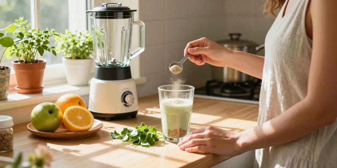 Happy Go Leafy brand wellness preparation with White Maeng Da Kratom powder in a bright kitchen.