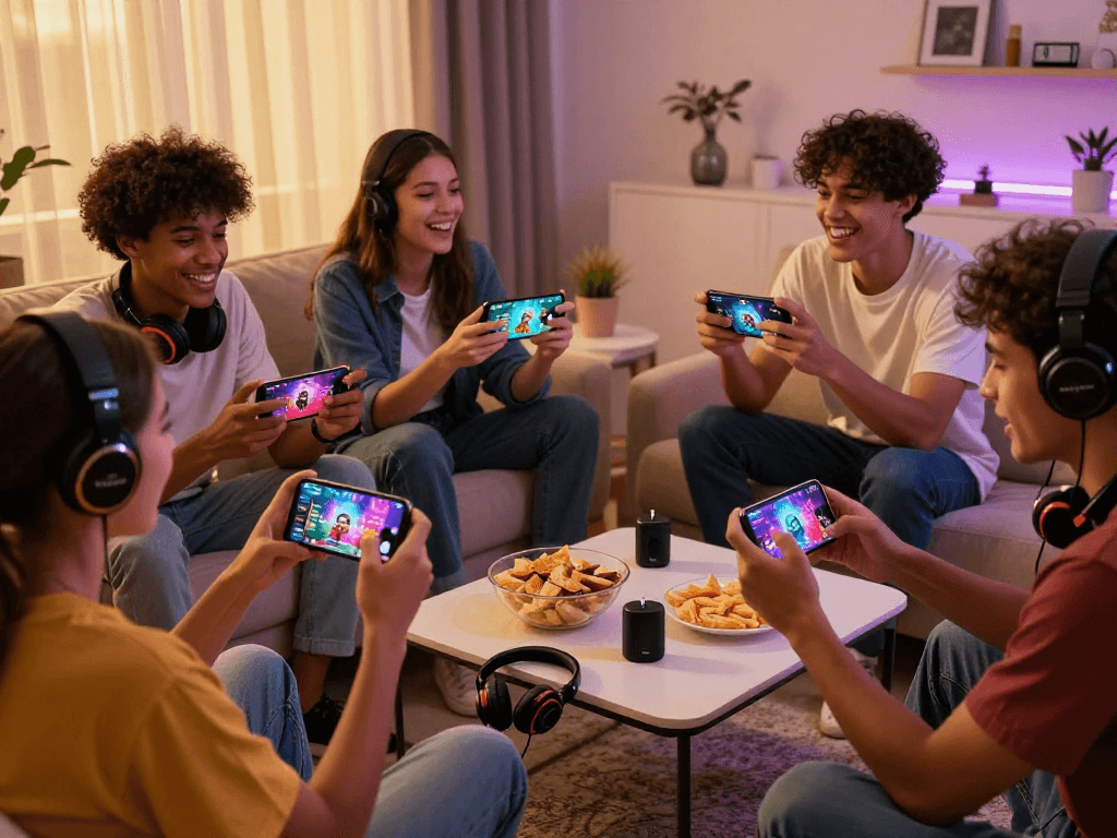 Exciting scene of friends enjoying mobile porn games together on smartphones during a cozy living room get-together.