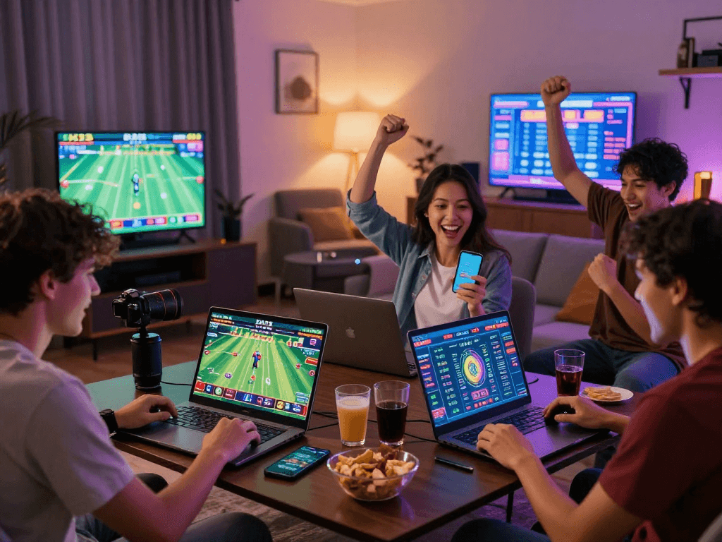 EK333 online betting scene with excited gamers celebrating wins in a modern home setting.