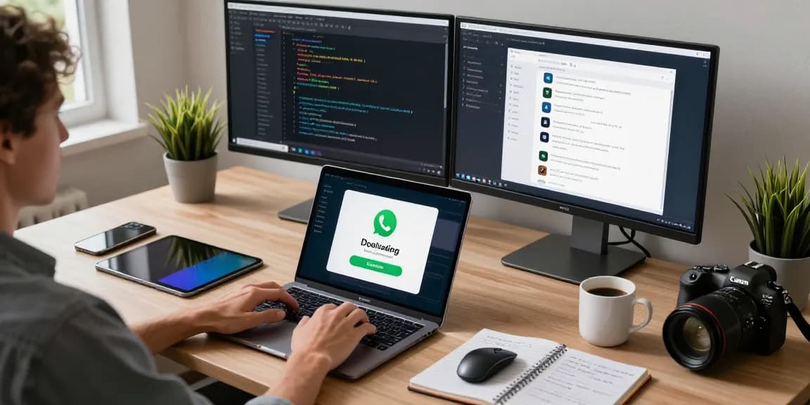 Tech workspace scene with WhatsApp下載 ongoing on laptop and dual monitors, creating a productive ambiance in 2026.