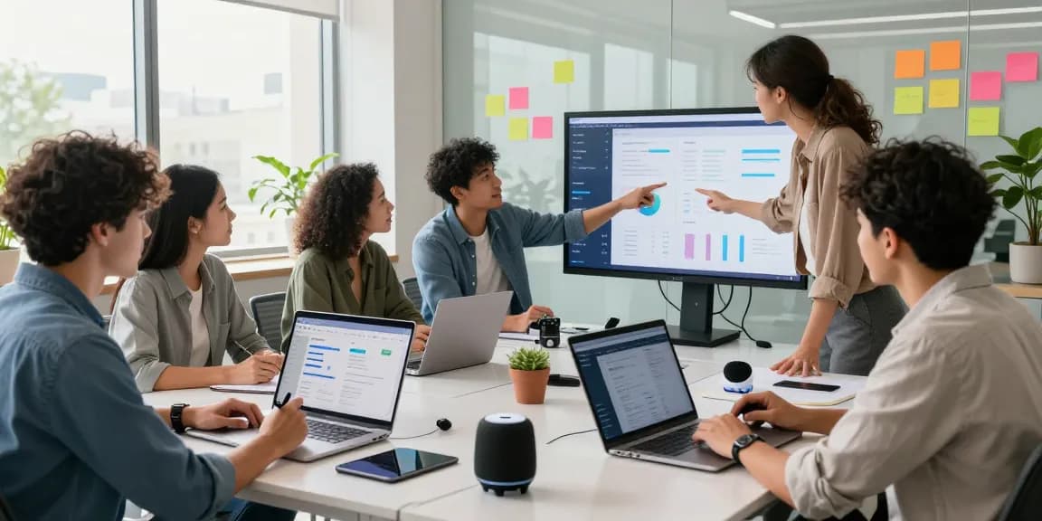 Diverse team using AI productivity tools in modern office for enhanced collaboration and creativity.