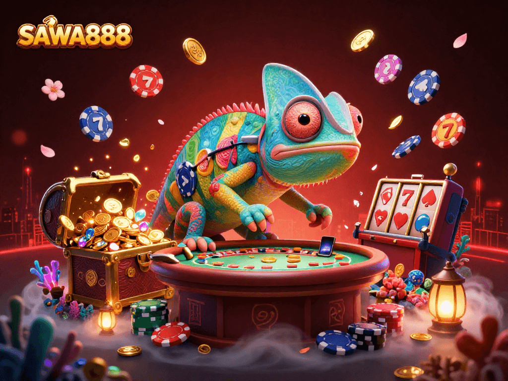 SAWA888 chameleon casino owner watching games and collecting coins in a vibrant casino scene