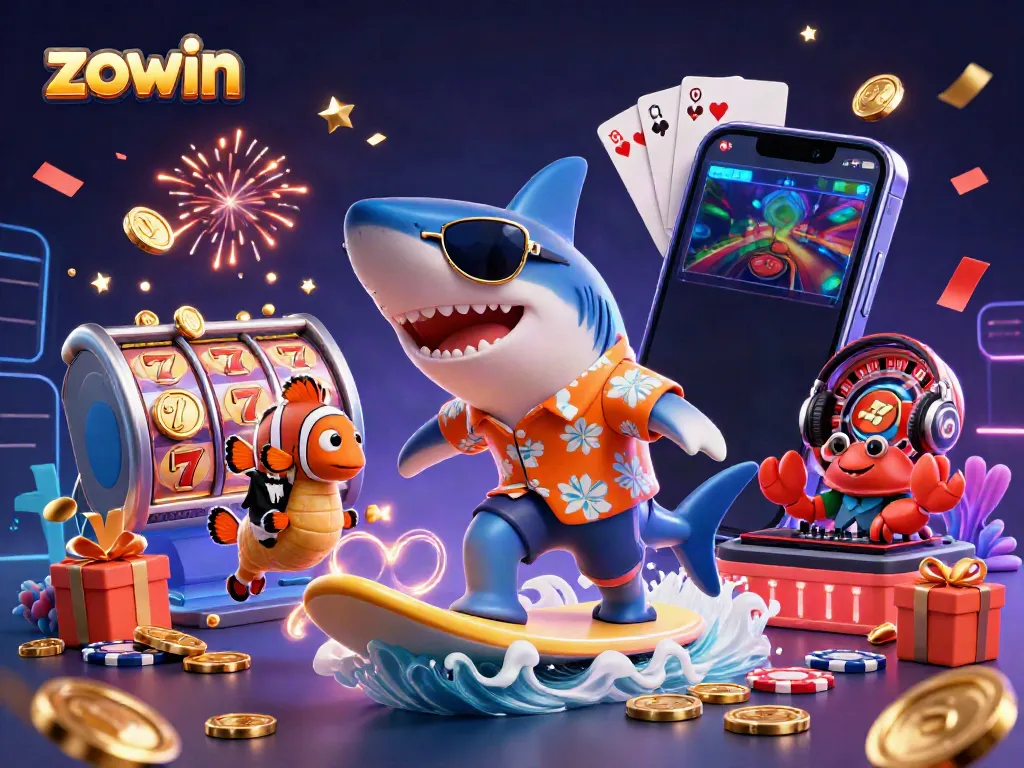 Experience the thrill of Zowin with a shark surfing on gold coins in a vibrant casino scene.