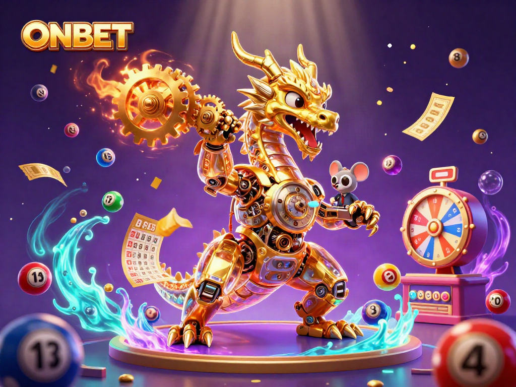 Experience thrilling gaming moments with ONBET’s vibrant lottery scene, featuring dynamic elements like colorful balls and spinning wheels.