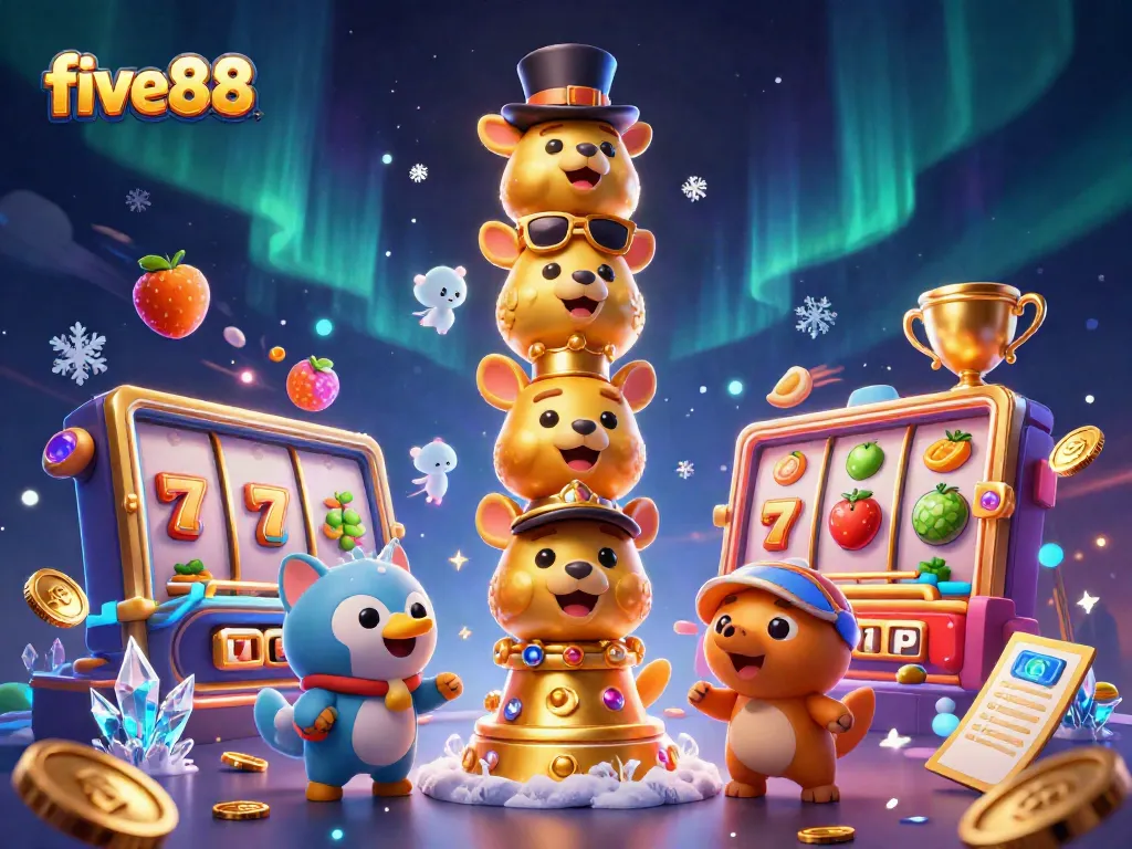 Experience the thrill of five88 casino with a vibrant 3D illustration featuring dynamic slot game elements.