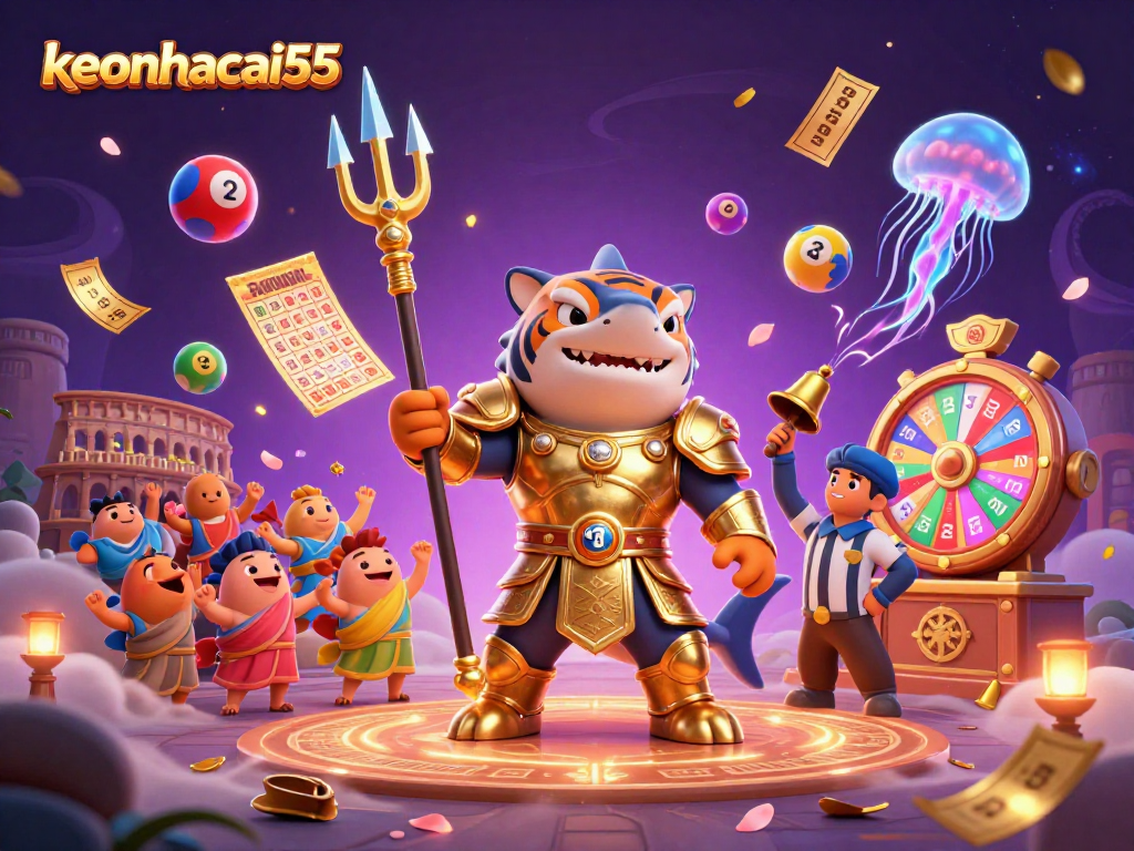Engage in thrilling gameplay with keonhacai55, illustrated with vibrant lottery elements and dynamic underwater action.