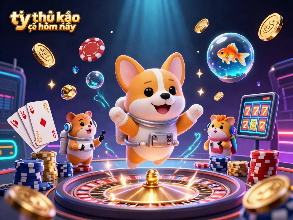 Bet on tỷ lệ kèo nhà cái hôm nay in a vibrant casino scene with a corgi astronaut and colorful elements.