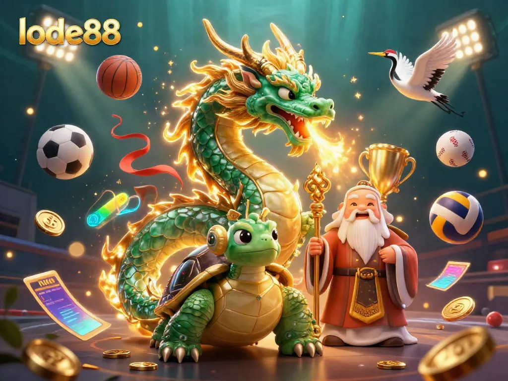 Experience the vibrant energy of lode88 casino gaming with a jade dragon, turtle sage, and lucky cranes.