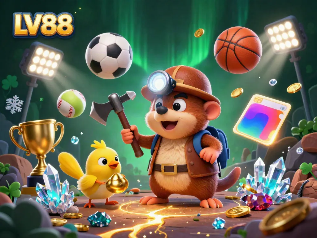Experience exciting gameplay action at LV88 with a dynamic scene of treasure hunting and sports elements.
