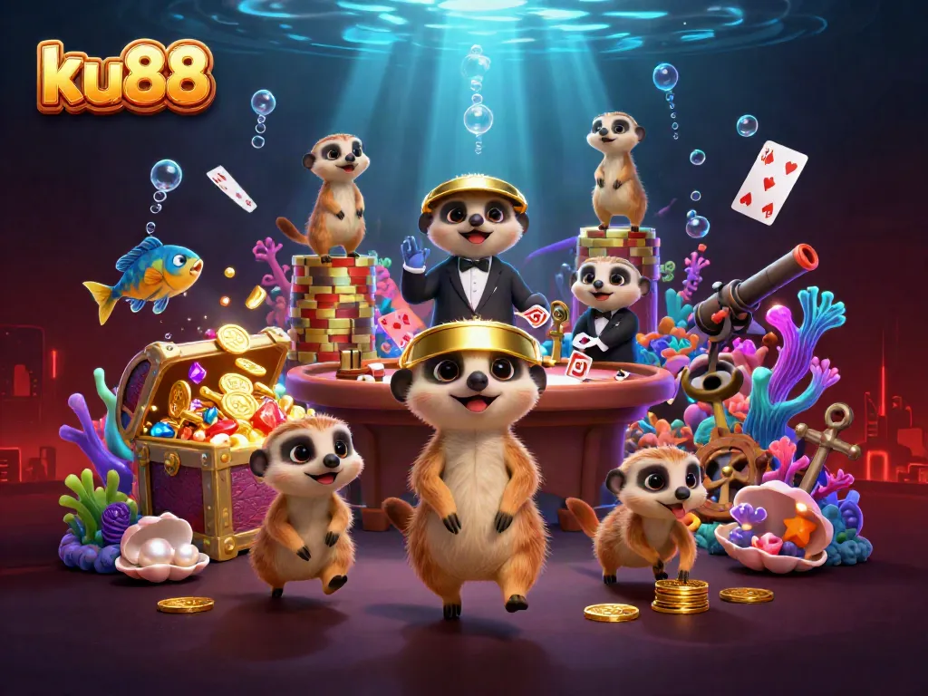 Experience thrilling gaming at ku88 with playful meerkats running a vibrant casino.