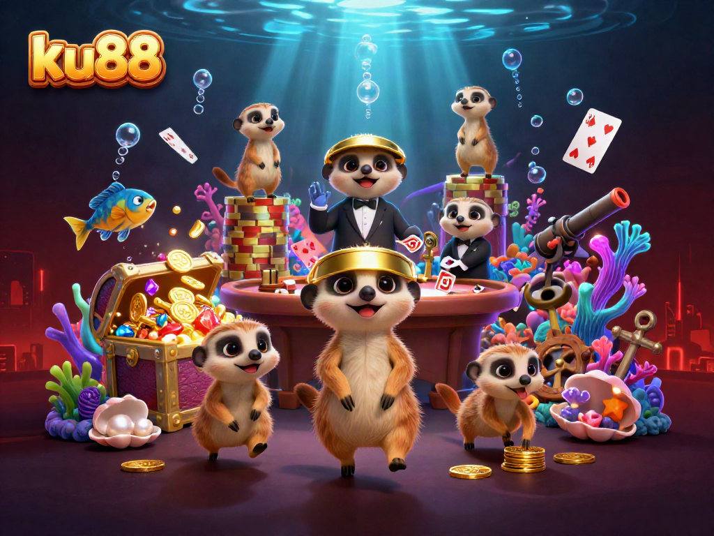Experience thrilling gaming at ku88 with playful meerkats running a vibrant casino.