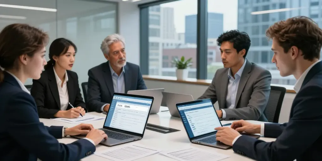 Professional team discussing how to buy .co.uk domain in a modern office setting.