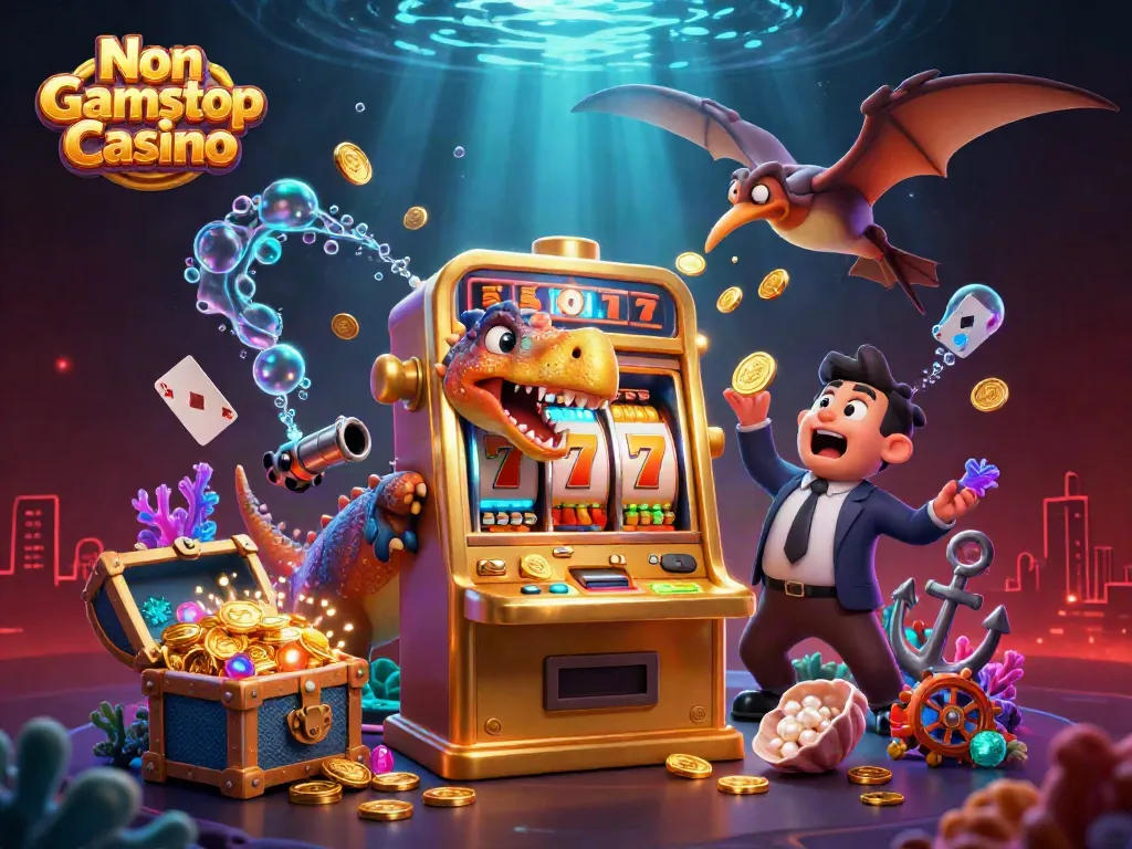 Experience excitement at a Non Gamstop Casino with slot machines and dinosaurs winning jackpots.
