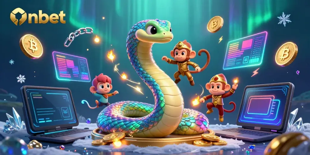 Experience Onbet's vibrant casino world with a rainbow serpent, monkey king, and crypto treasures.