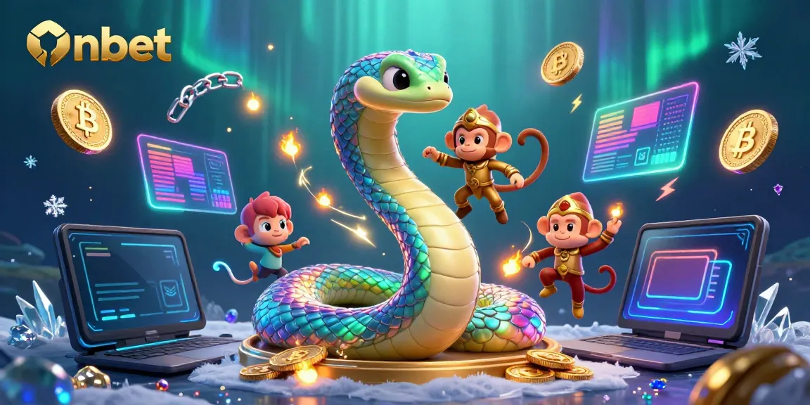 Experience Onbet's vibrant casino world with a rainbow serpent, monkey king, and crypto treasures.