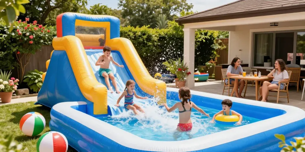 Children joyfully slide in the water from a vibrant inflatable slide, surrounded by summer fun and laughter.