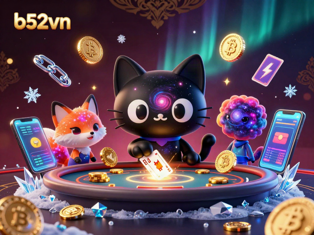 Bets and wins await at b52vn, featuring a cosmic cat amidst brilliant crypto elements and vibrant colors.
