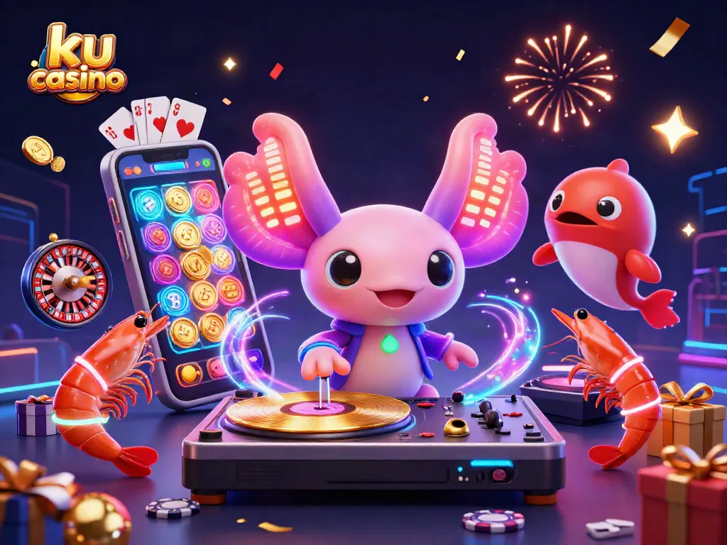 Experience the thrills of ku casino with an animated DJ axolotl and vibrant game elements in a lively casino scene.