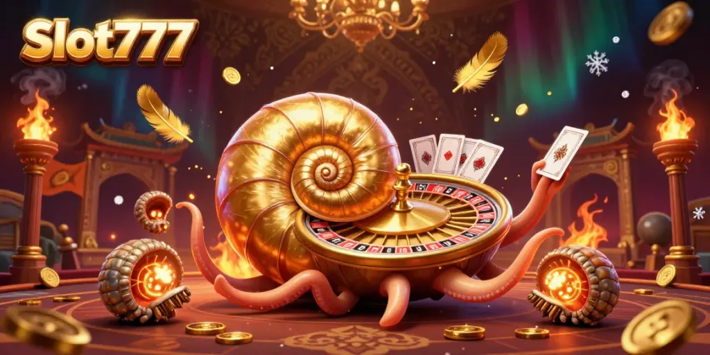 Experience Slot777 with a dynamic nautilus and stunning gaming elements in an enchanting casino scene.