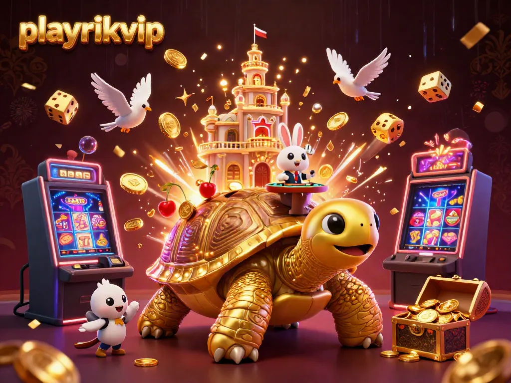 Experience the magic at playrikvip with a whimsical scene featuring a giant golden tortoise and a rabbit dealer.