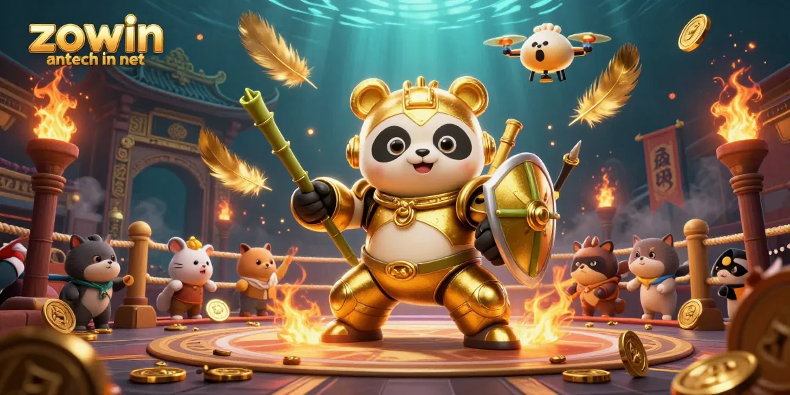 Experience the excitement of zowin antech in net with this vibrant casino scene featuring a dynamic mech-suit panda.