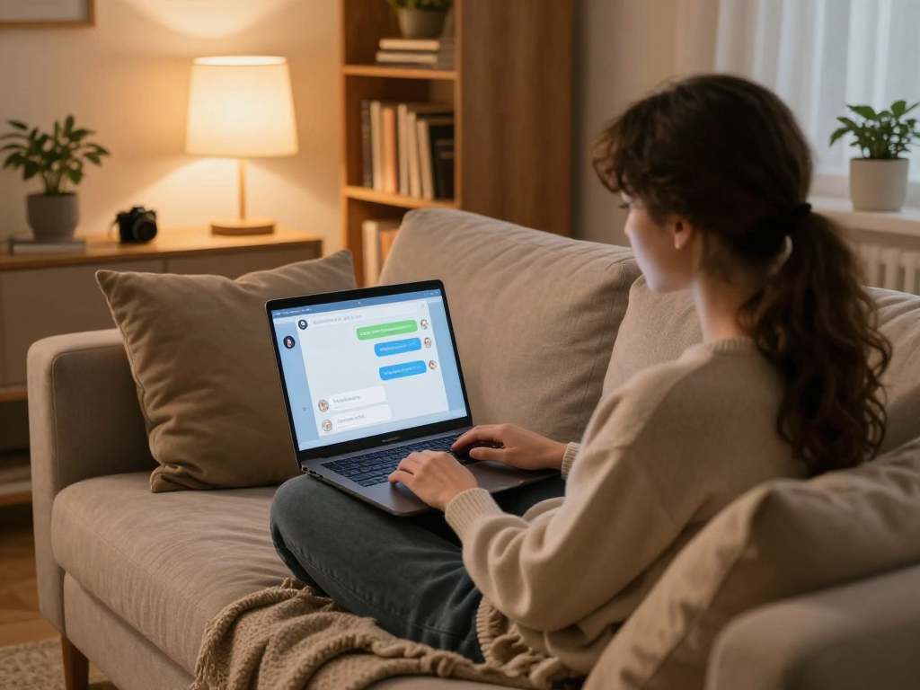 A cozy scene of a person using ai sex chat on a laptop in a warmly lit room, showcasing a relaxed atmosphere.