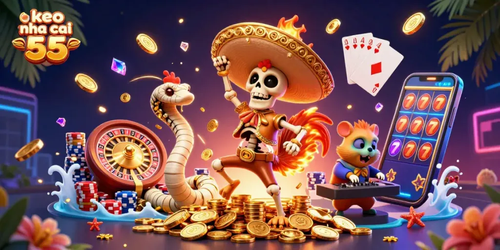 Engage with keo nha cai 55, experiencing vibrant casino action with lively characters in a 3D scene.