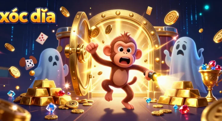 Xóc đĩa game illustration featuring a playful monkey and a curious puppy in a vibrant casino, showcasing gold treasures.