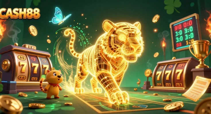 CASH88 captivates players with a thrilling 3D casino scene featuring an energetic tiger and vibrant gaming elements.