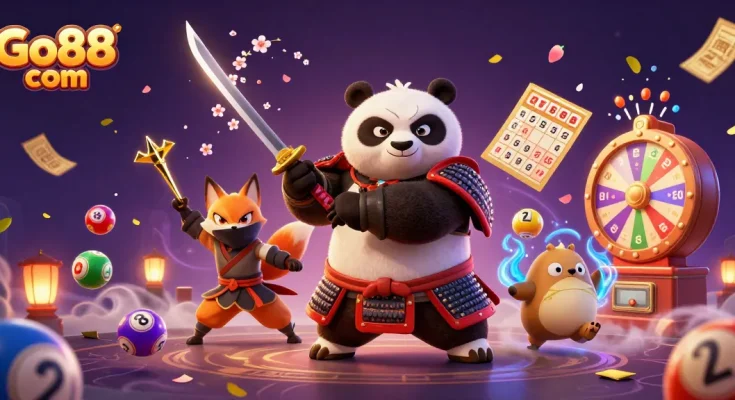 Engage in gaming excitement with Go88 com featuring vibrant characters, bonus games, and dynamic lottery elements.