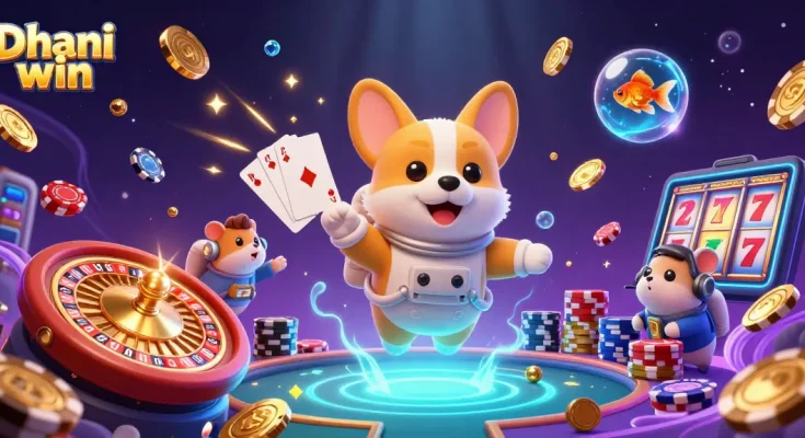 Dhani win offers thrilling games including slots, as a corgi floats among casino elements