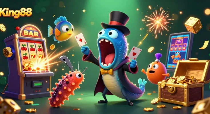 Experience King88's thrilling atmosphere with vibrant characters and dazzling slots in a magical casino world.