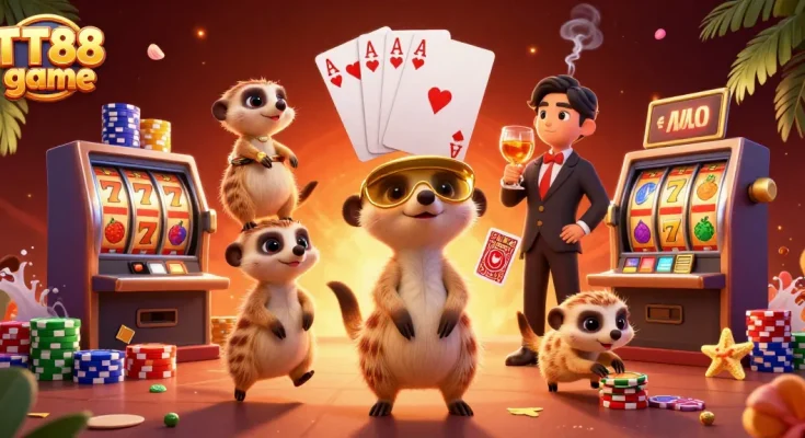 Engage with the vibrant TT88 game casino scene featuring playful meerkats orchestrating an exciting slot adventure.