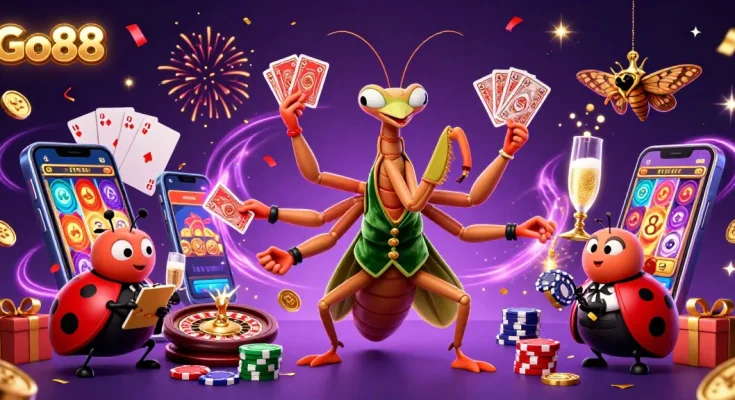 Go88 features a vibrant scene with a giant praying mantis card sharp, ladybug pit boss, and immersive slot action.