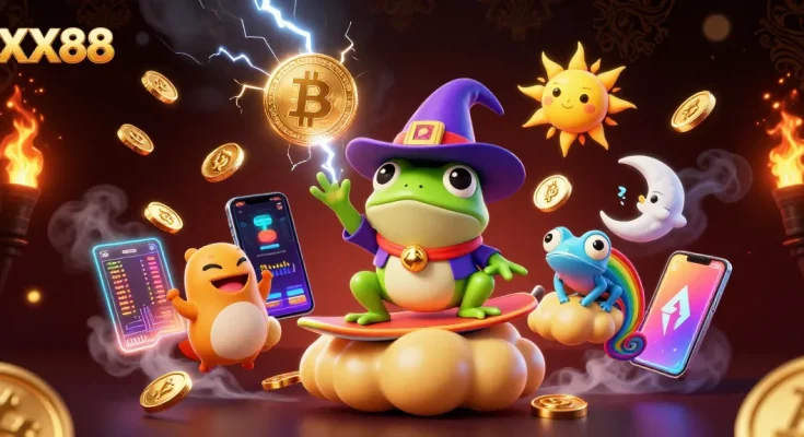 Experience the excitement of XX88 with golden coins and vibrant casino-themed characters.