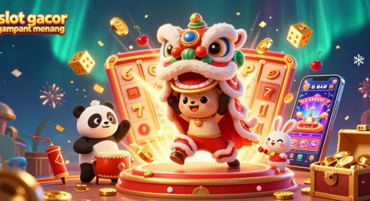 Experience slot gacor gampang menang with lively characters celebrating wins amidst exploding slot machine symbols and colorful decorations.