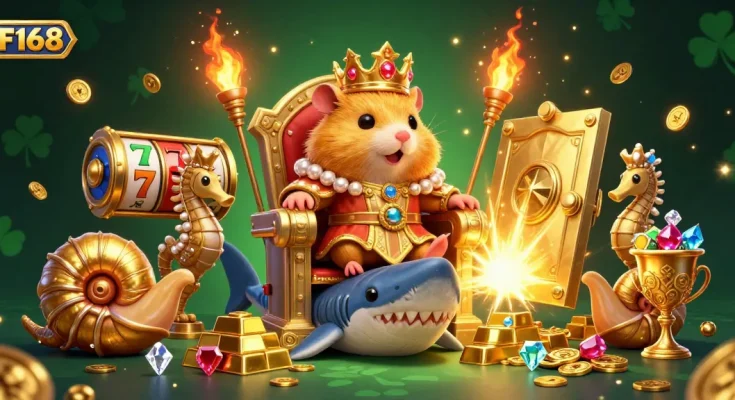 Engage with F168's vibrant casino world featuring a golden hamster king and treasure elements.