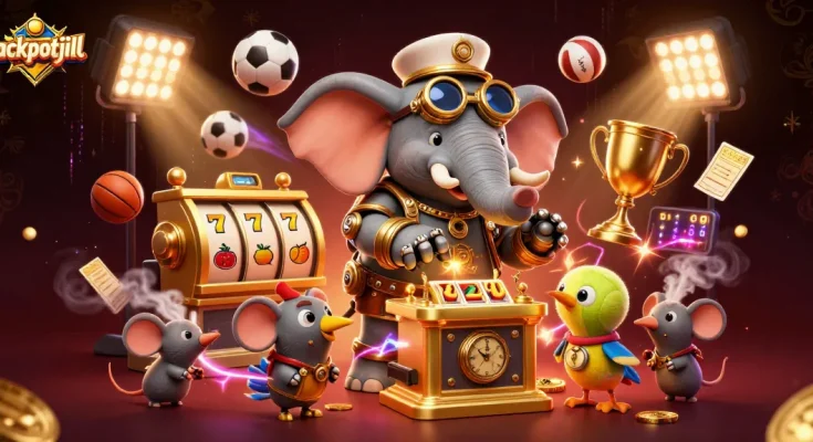 Spin to win at jackpotjill as a mechanical elephant engineers a vibrant slot adventure.