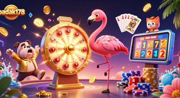 Engage with badak178 as the game show host ignites excitement in this vibrant casino scene.