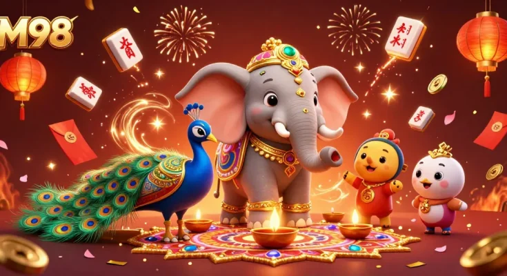 M98 celebrates winning moments with vibrant Diwali-themed casino elements and joyous characters.