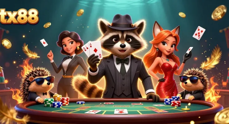 Experience tx88's thrilling poker scene with charming characters and vibrant game elements.