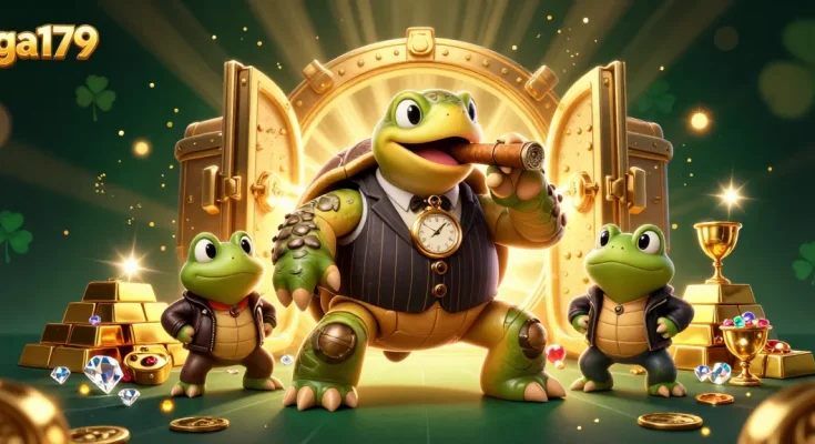 ga179 capturing a thrilling casino ambiance with a snapping turtle mobster and glittering treasures.