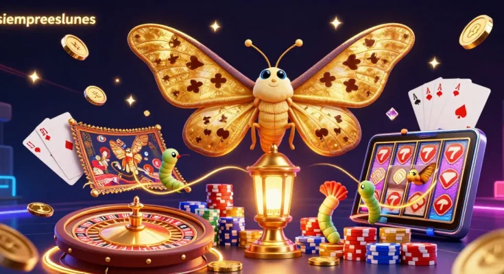 Engage with siempreeslunes' thrilling casino experience featuring golden coins and vibrant poker chips.
