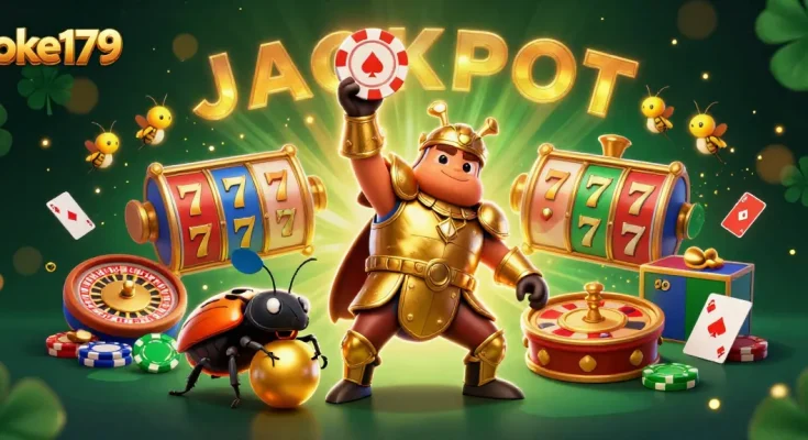 Experience the thrill of oke179 with a victorious beetle lifting a poker chip in a vibrant casino scene.