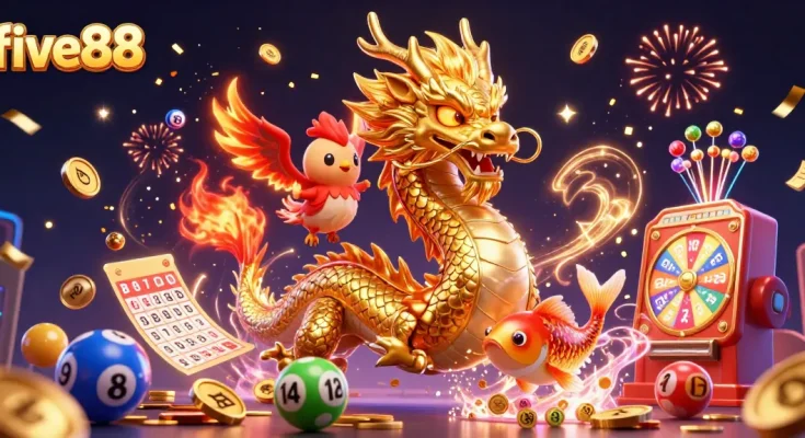 Engage in thrilling games at five88 with a vibrant casino scene featuring a dragon, phoenix, and koi fish.