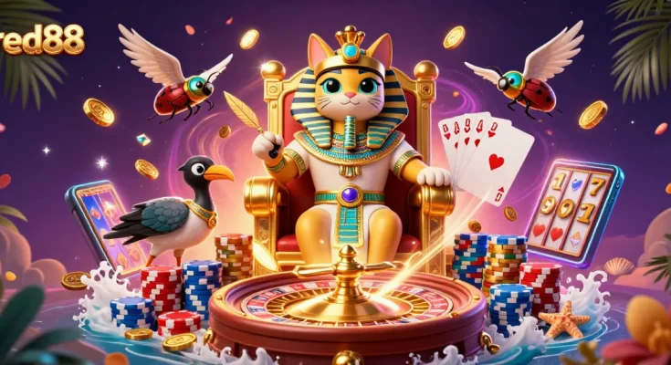Experience thrilling casino moments with red88 featuring a vibrant pharaoh cat and exciting gaming elements.