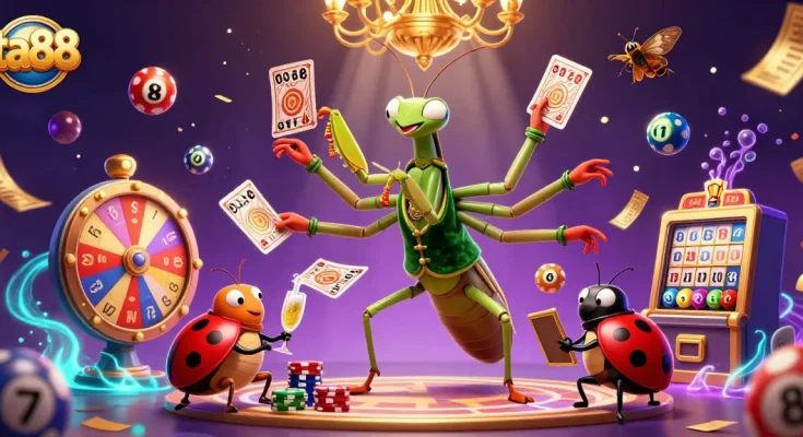 Experience thrilling moments with ta88 as the giant praying mantis deals cards and celebrates wins.